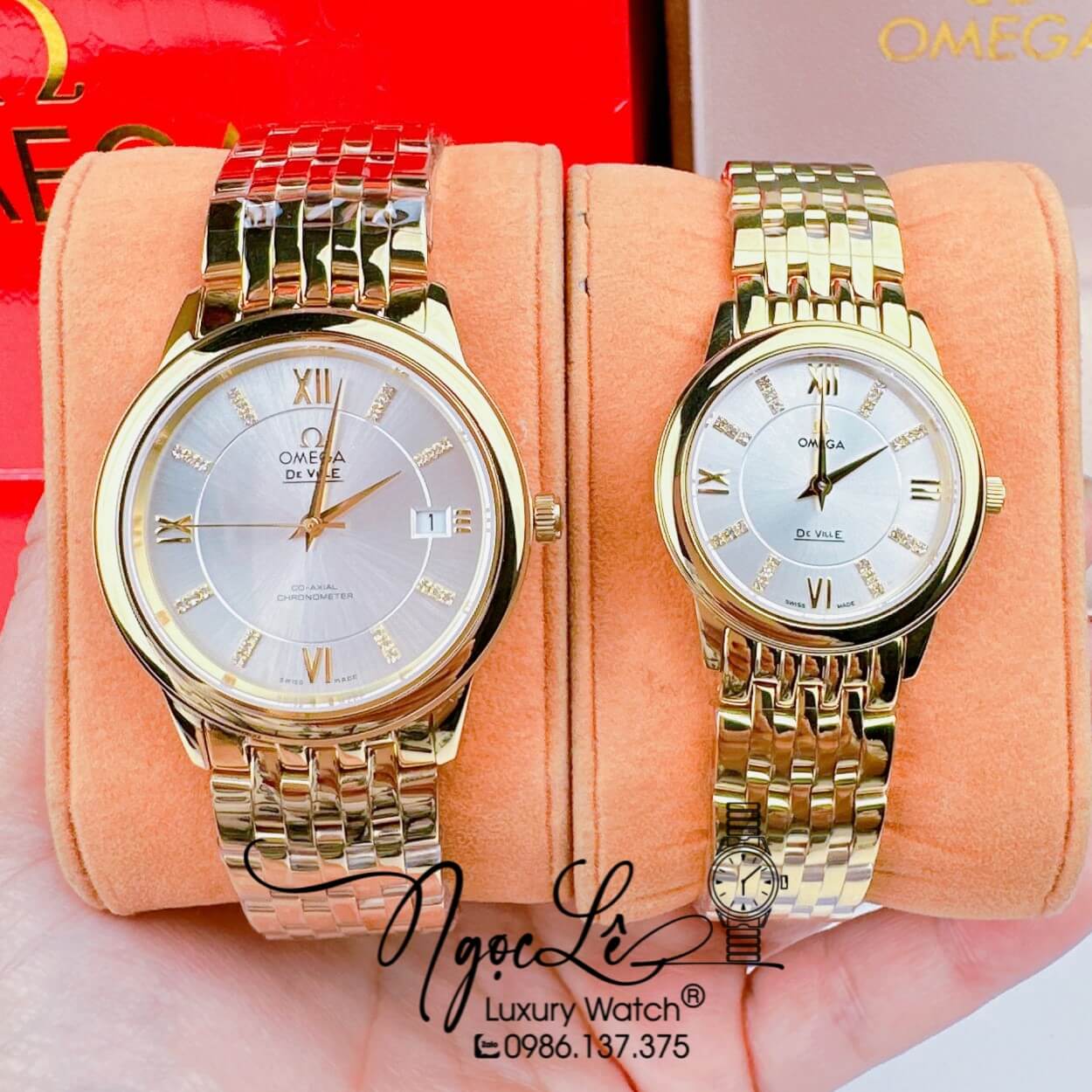 Đồng Hồ Cặp Omega Deville Máy Pin Thụy Sỹ Dây Kim Loại Vàng Mặt Trắng 39mm-30mm