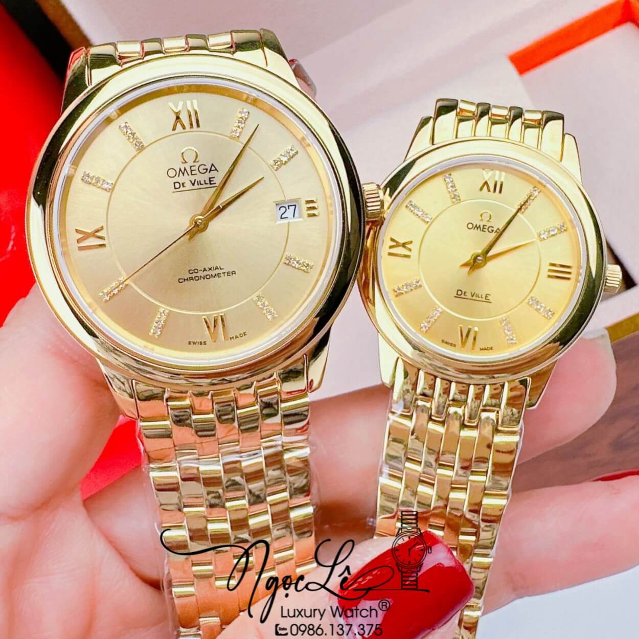 Đồng Hồ Cặp Omega Deville Máy Pin Thụy Sỹ Dây Kim Loại Vàng Mặt Vàng 39mm-30mm