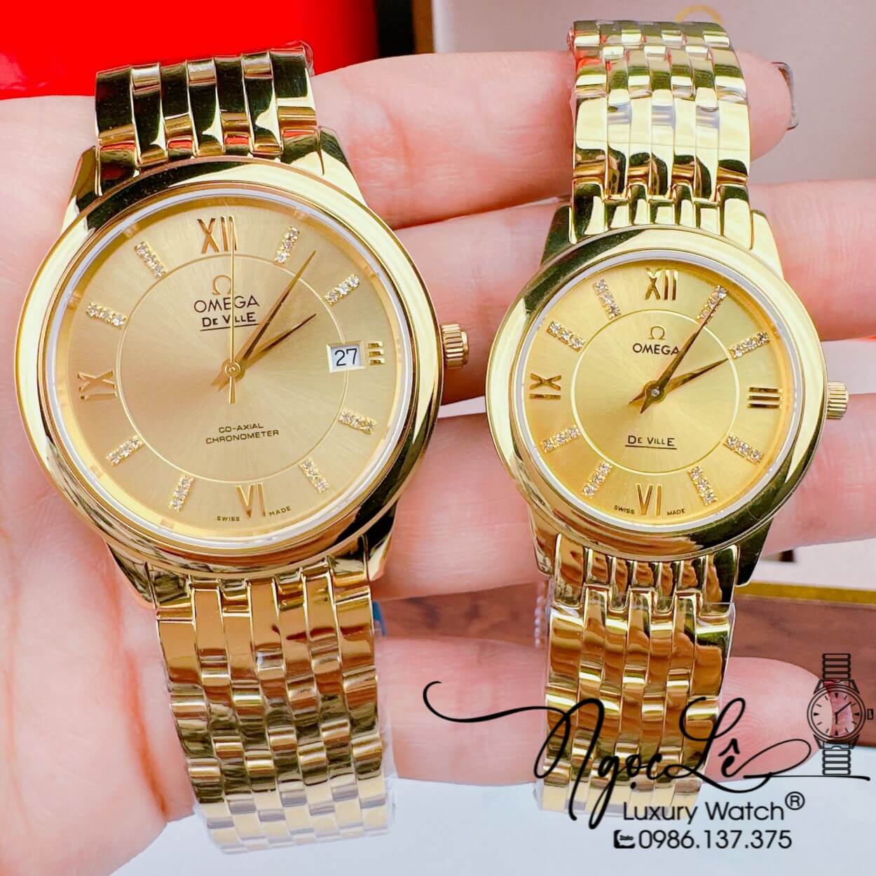 Đồng Hồ Cặp Omega Deville Máy Pin Thụy Sỹ Dây Kim Loại Vàng Mặt Vàng 39mm-30mm