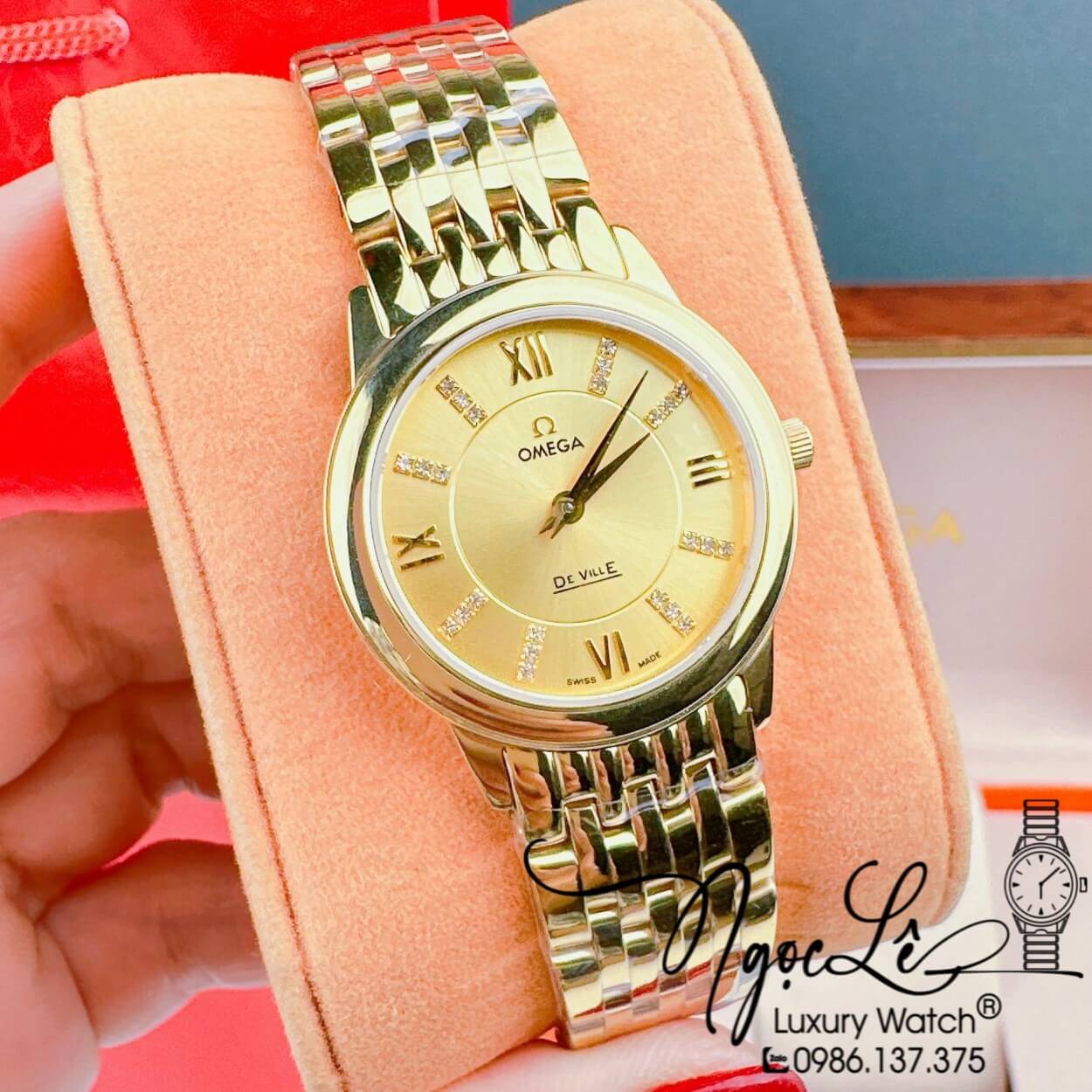 Đồng Hồ Cặp Omega Deville Máy Pin Thụy Sỹ Dây Kim Loại Vàng Mặt Vàng 39mm-30mm