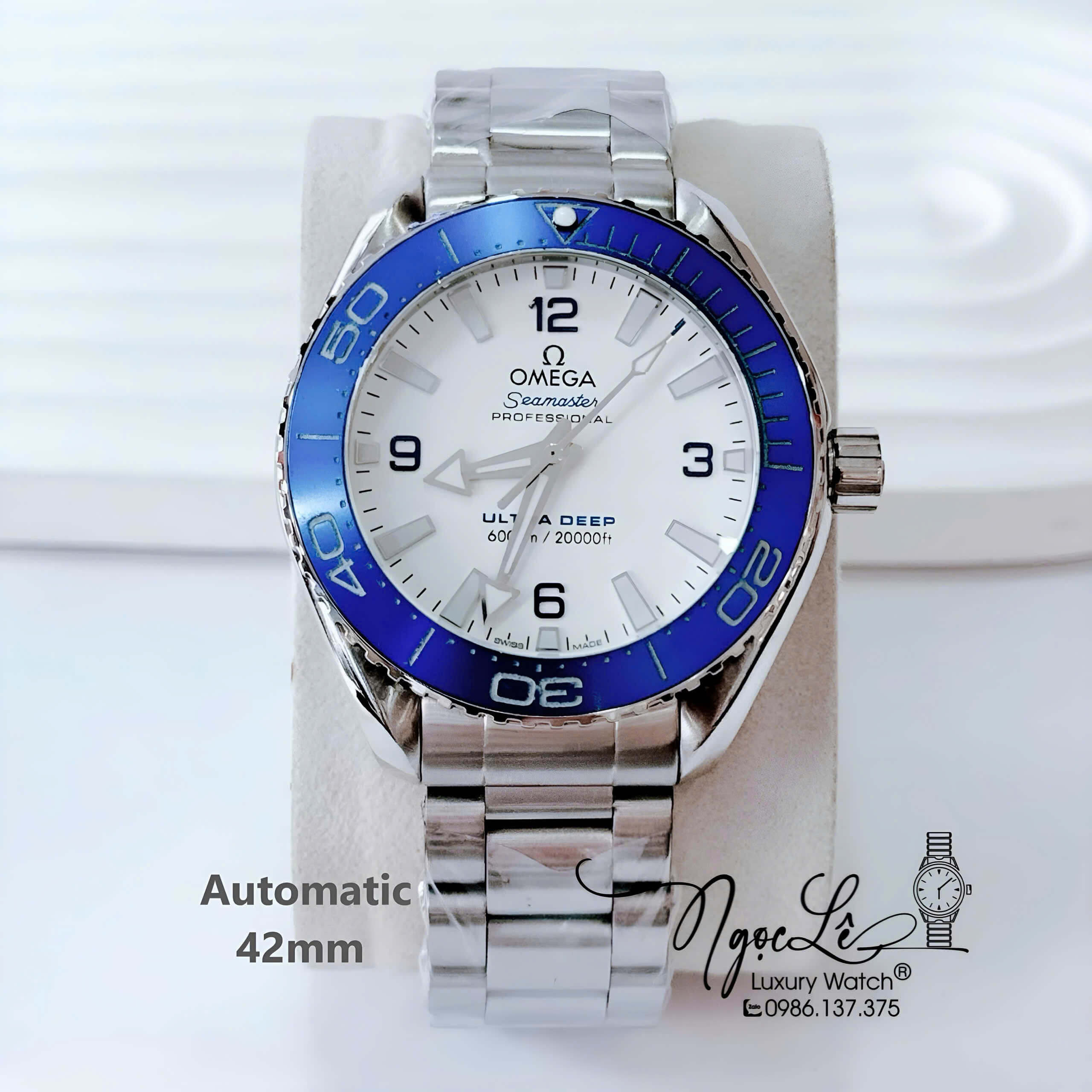 Đồng Hồ Nam Omega Seamaster Planet Ocean Automatic Dây Kim Loại Silver Size 42mm - Mặt Trắng Viền Xanh