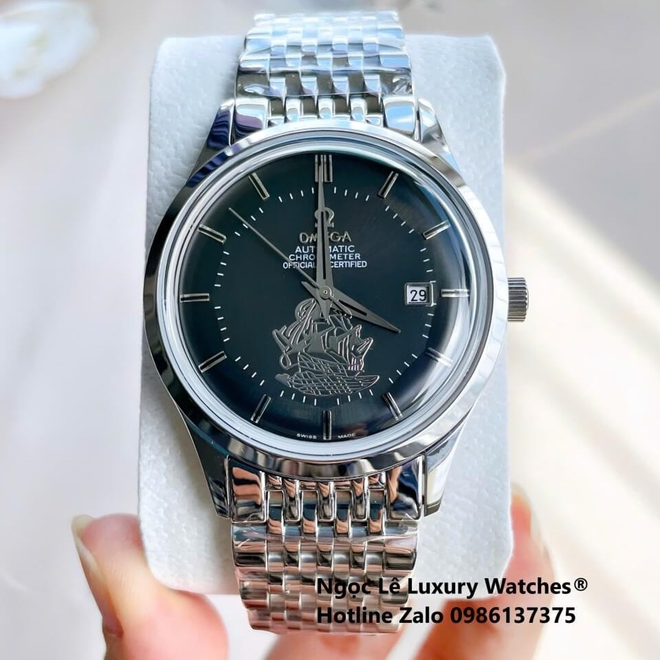 Đồng Hồ Omega Nam Máy Cơ Tự Động Mặt Thuyền Buồm Dây Kim Loại Bạc Mặt Đen Size 40mm