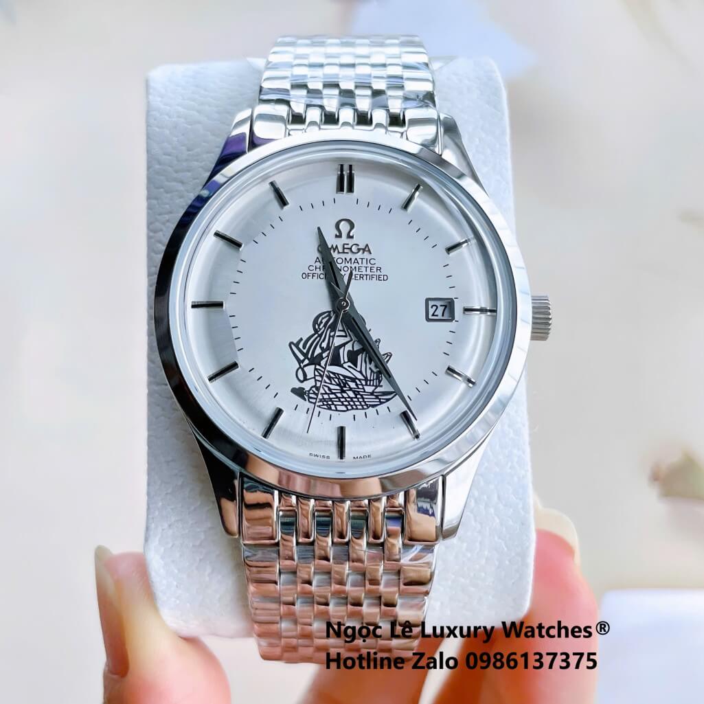 Đồng Hồ Omega Nam Máy Cơ Tự Động Mặt Thuyền Buồm Dây Kim Loại Bạc Mặt Trắng Size 40mm
