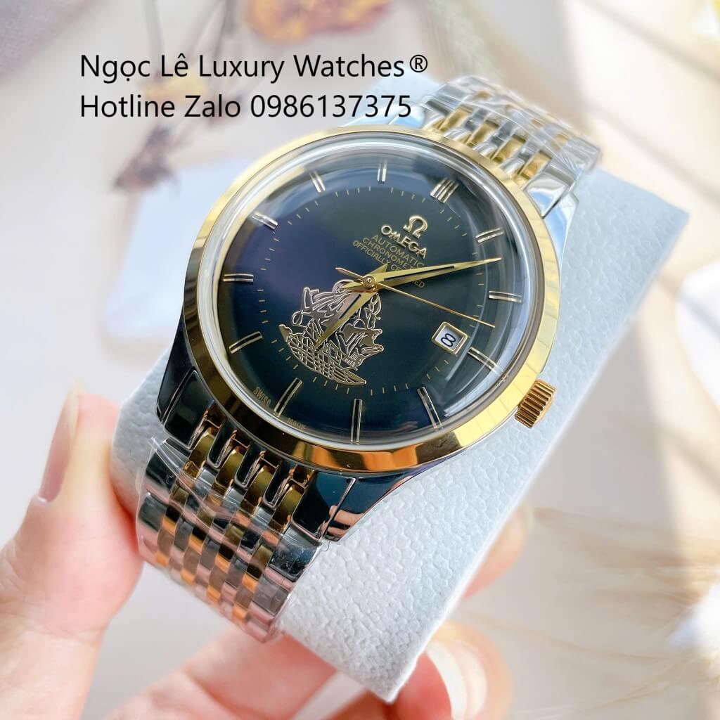 Đồng Hồ Omega Nam Máy Cơ Tự Động Mặt Thuyền Buồm Dây Kim Loại Demi Vàng Mặt Đen Size 40mm