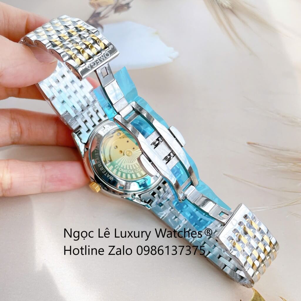 Đồng Hồ Omega Nam Máy Cơ Tự Động Mặt Thuyền Buồm Dây Kim Loại Demi Vàng Mặt Đen Size 40mm