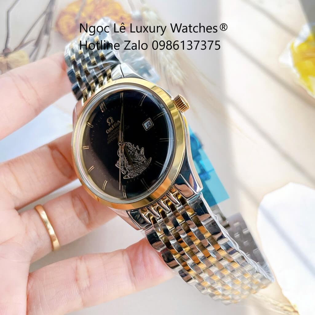 Đồng Hồ Omega Nam Máy Cơ Tự Động Mặt Thuyền Buồm Dây Kim Loại Demi Vàng Mặt Đen Size 40mm