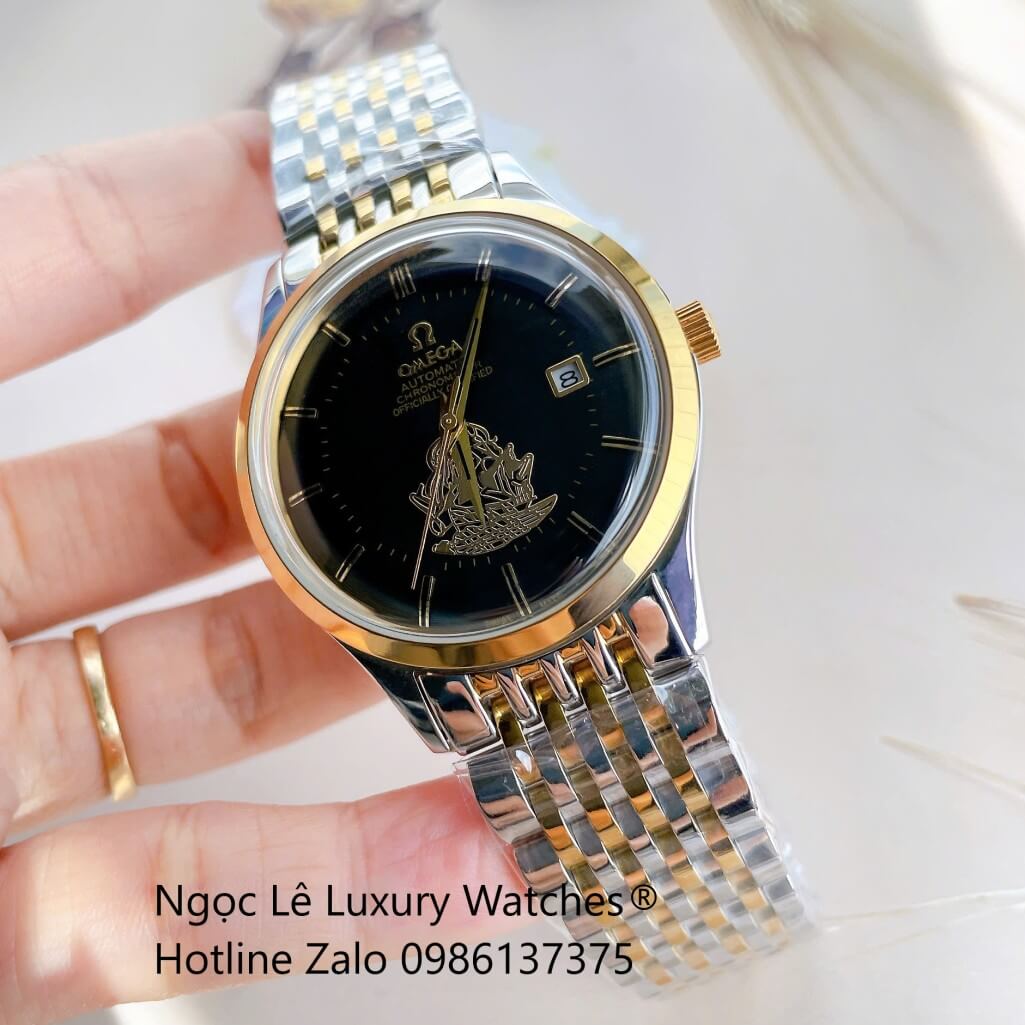 Đồng Hồ Omega Nam Máy Cơ Tự Động Mặt Thuyền Buồm Dây Kim Loại Demi Vàng Mặt Đen Size 40mm