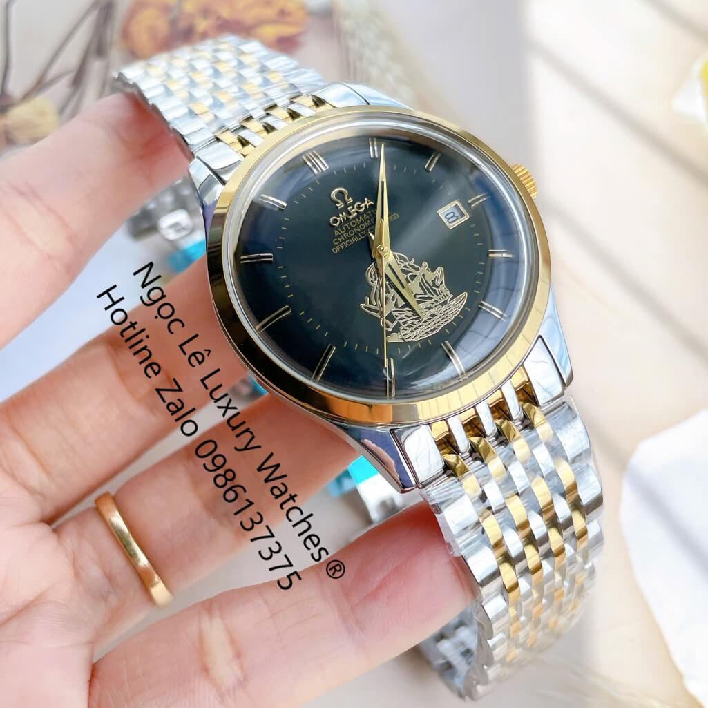 Đồng Hồ Omega Nam Máy Cơ Tự Động Mặt Thuyền Buồm Dây Kim Loại Demi Vàng Mặt Đen Size 40mm