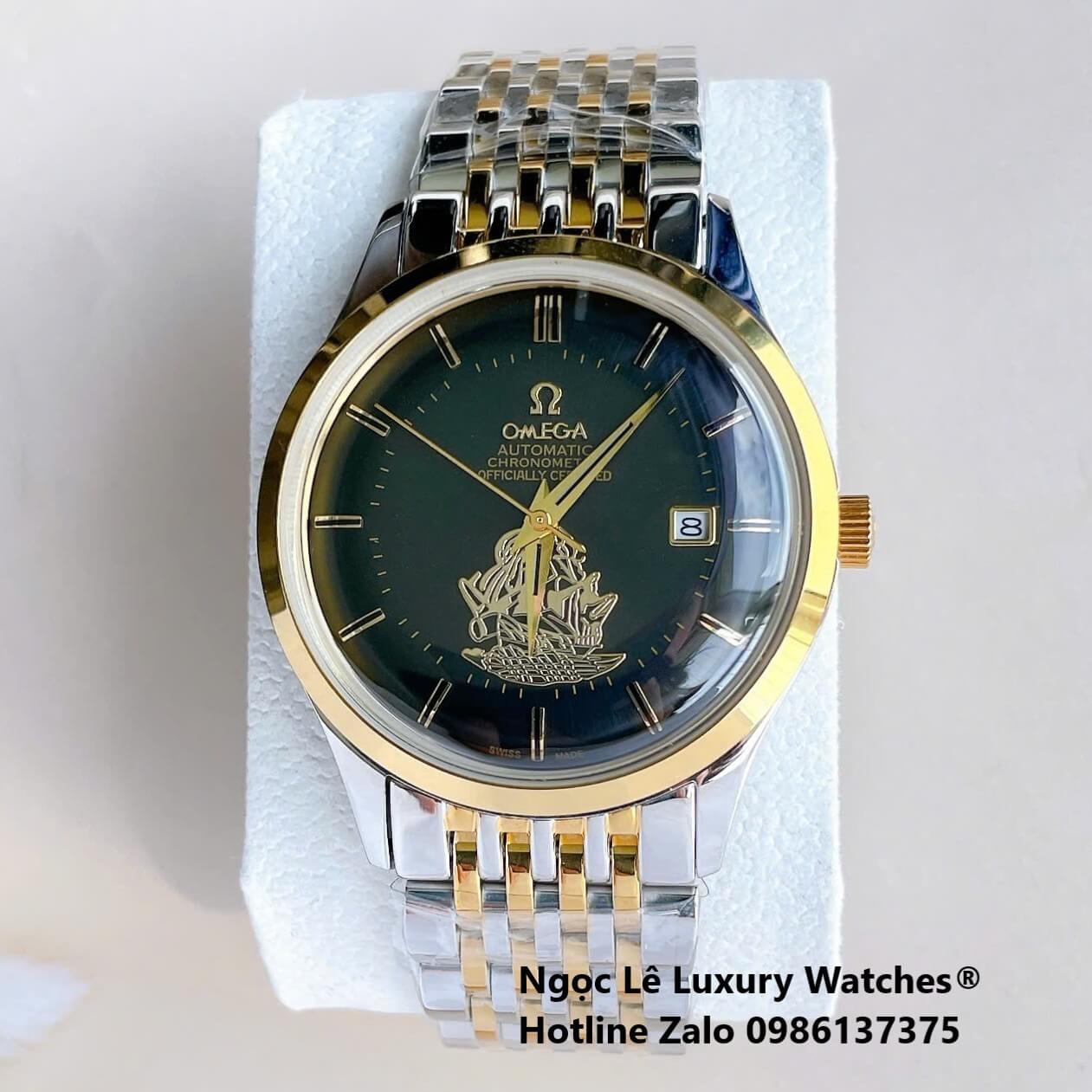 Đồng Hồ Omega Nam Máy Cơ Tự Động Mặt Thuyền Buồm Dây Kim Loại Demi Vàng Mặt Đen Size 40mm