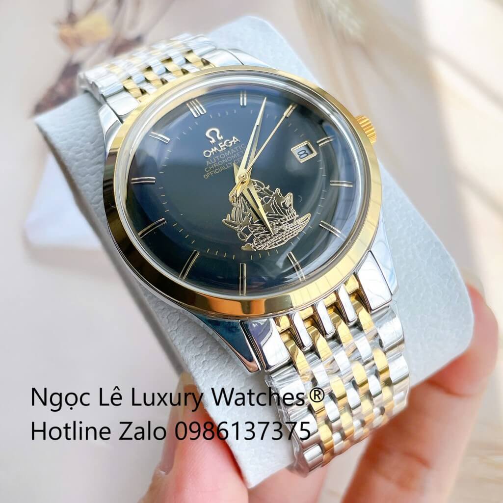 Đồng Hồ Omega Nam Máy Cơ Tự Động Mặt Thuyền Buồm Dây Kim Loại Demi Vàng Mặt Đen Size 40mm