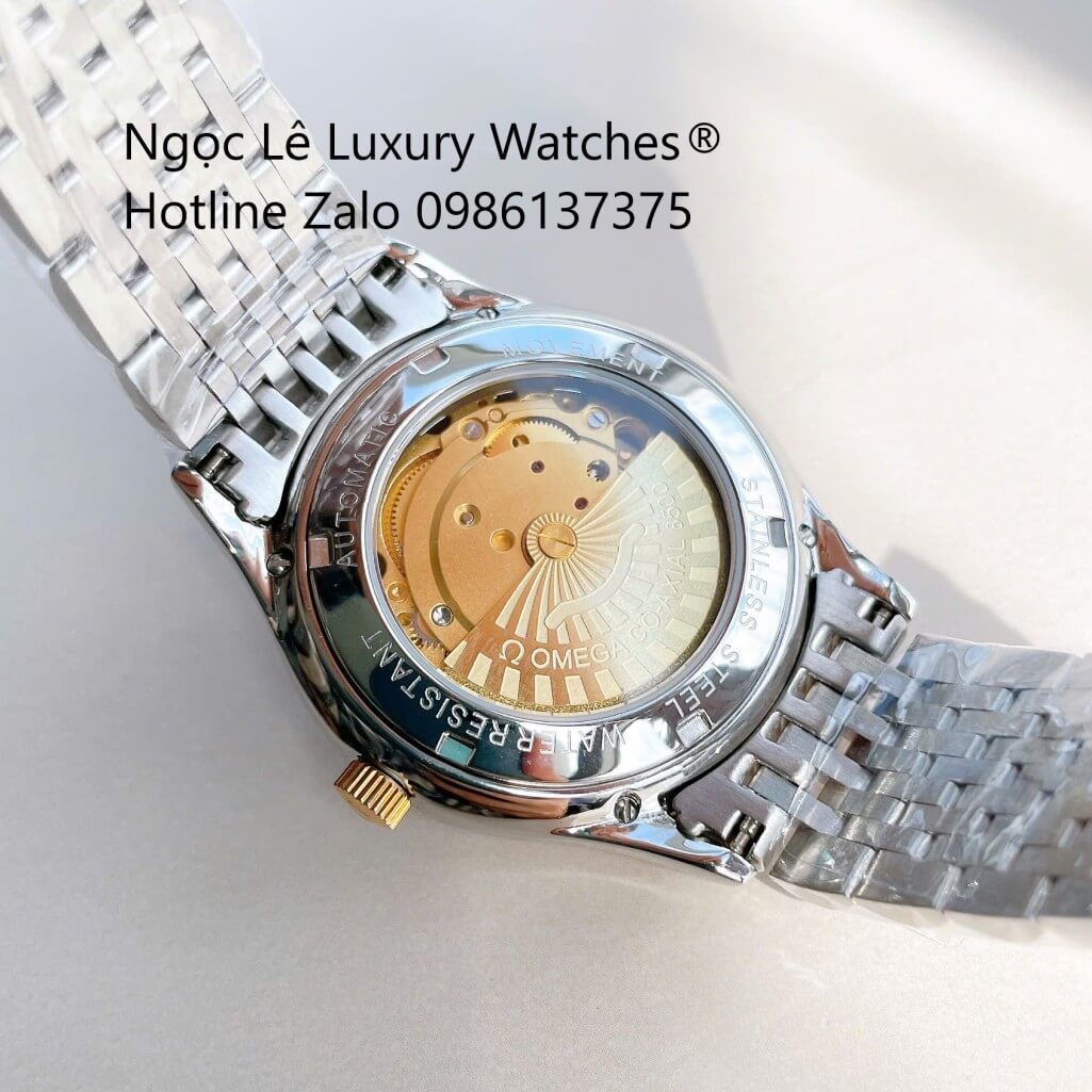 Đồng Hồ Omega Nam Máy Cơ Tự Động Mặt Thuyền Buồm Dây Kim Loại Demi Vàng Mặt Đen Size 40mm