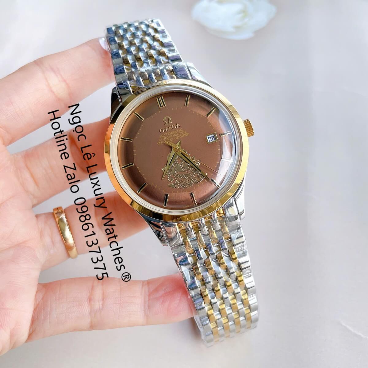 Đồng Hồ Omega Nam Máy Cơ Tự Động Mặt Thuyền Buồm Dây Kim Loại Demi Vàng Mặt Nâu Size 40mm