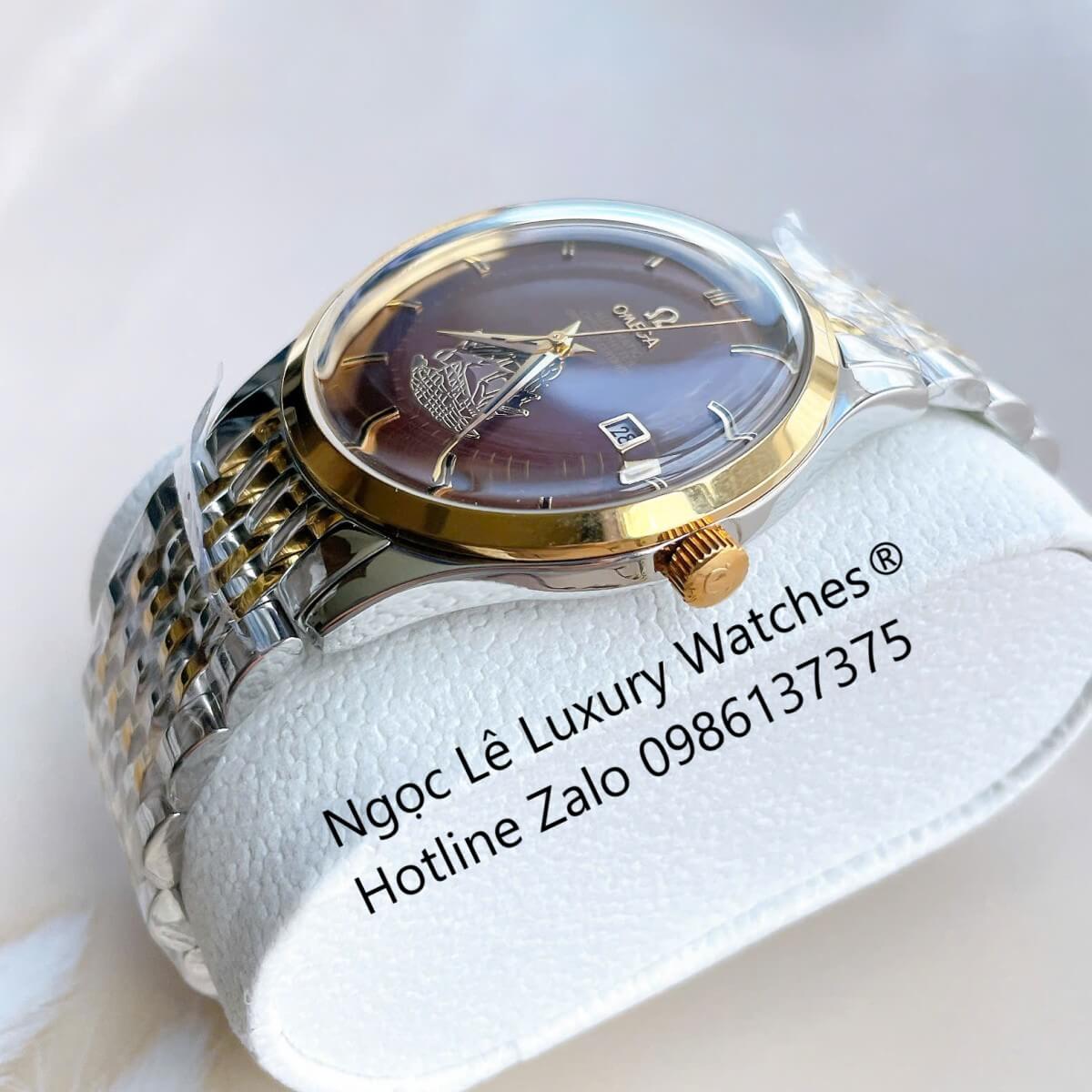 Đồng Hồ Omega Nam Máy Cơ Tự Động Mặt Thuyền Buồm Dây Kim Loại Demi Vàng Mặt Nâu Size 40mm