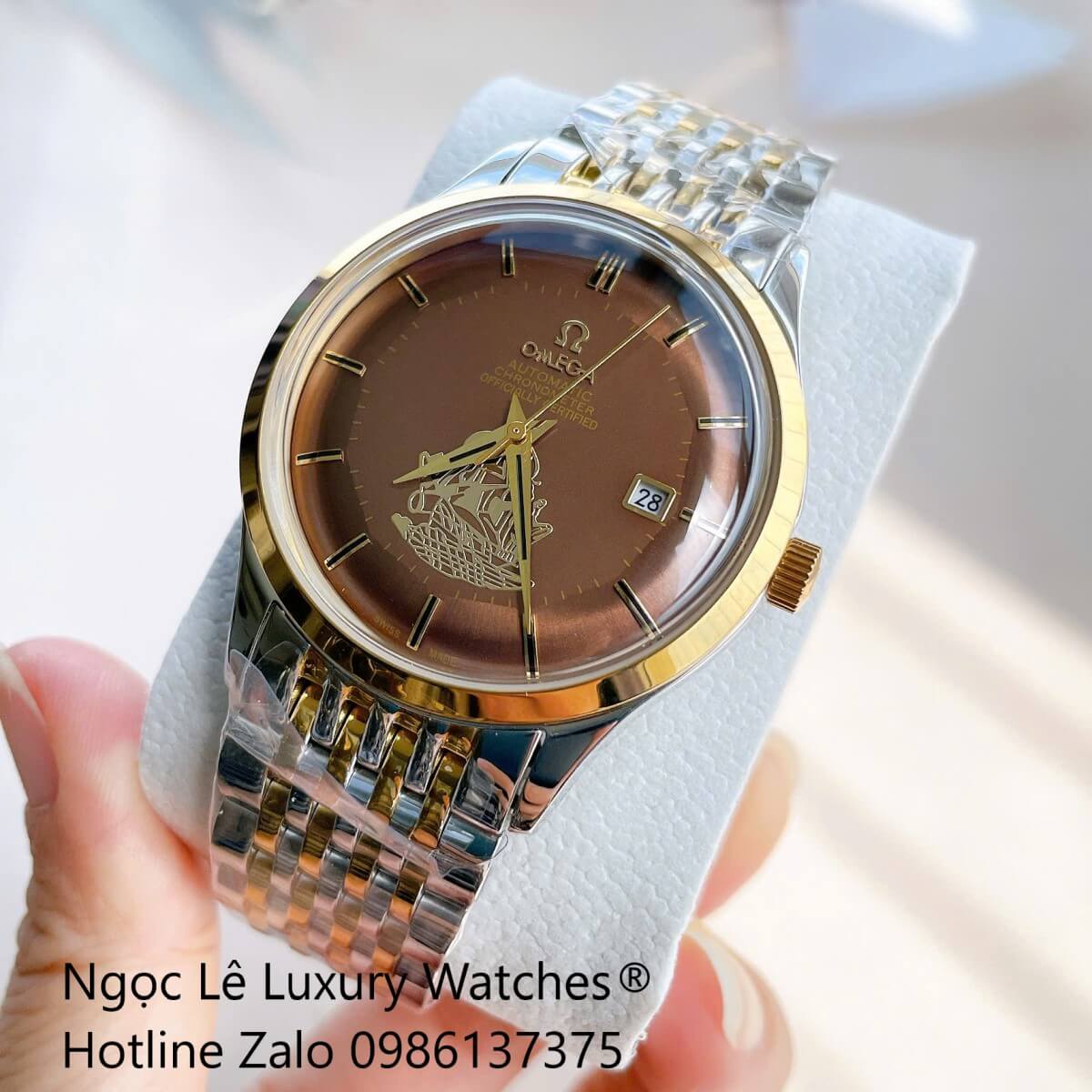 Đồng Hồ Omega Nam Máy Cơ Tự Động Mặt Thuyền Buồm Dây Kim Loại Demi Vàng Mặt Nâu Size 40mm