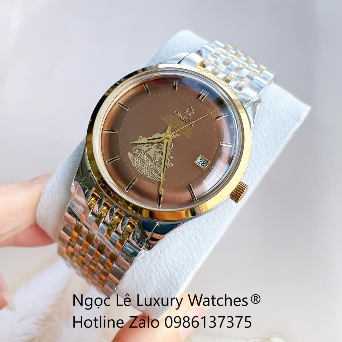 Đồng Hồ Omega Nam Máy Cơ Tự Động Mặt Thuyền Buồm Dây Kim Loại Demi Vàng Mặt Nâu Size 40mm