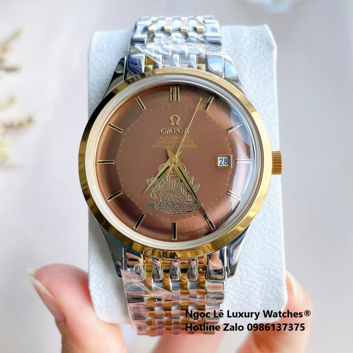 Đồng Hồ Omega Nam Máy Cơ Tự Động Mặt Thuyền Buồm Dây Kim Loại Demi Vàng Mặt Nâu Size 40mm