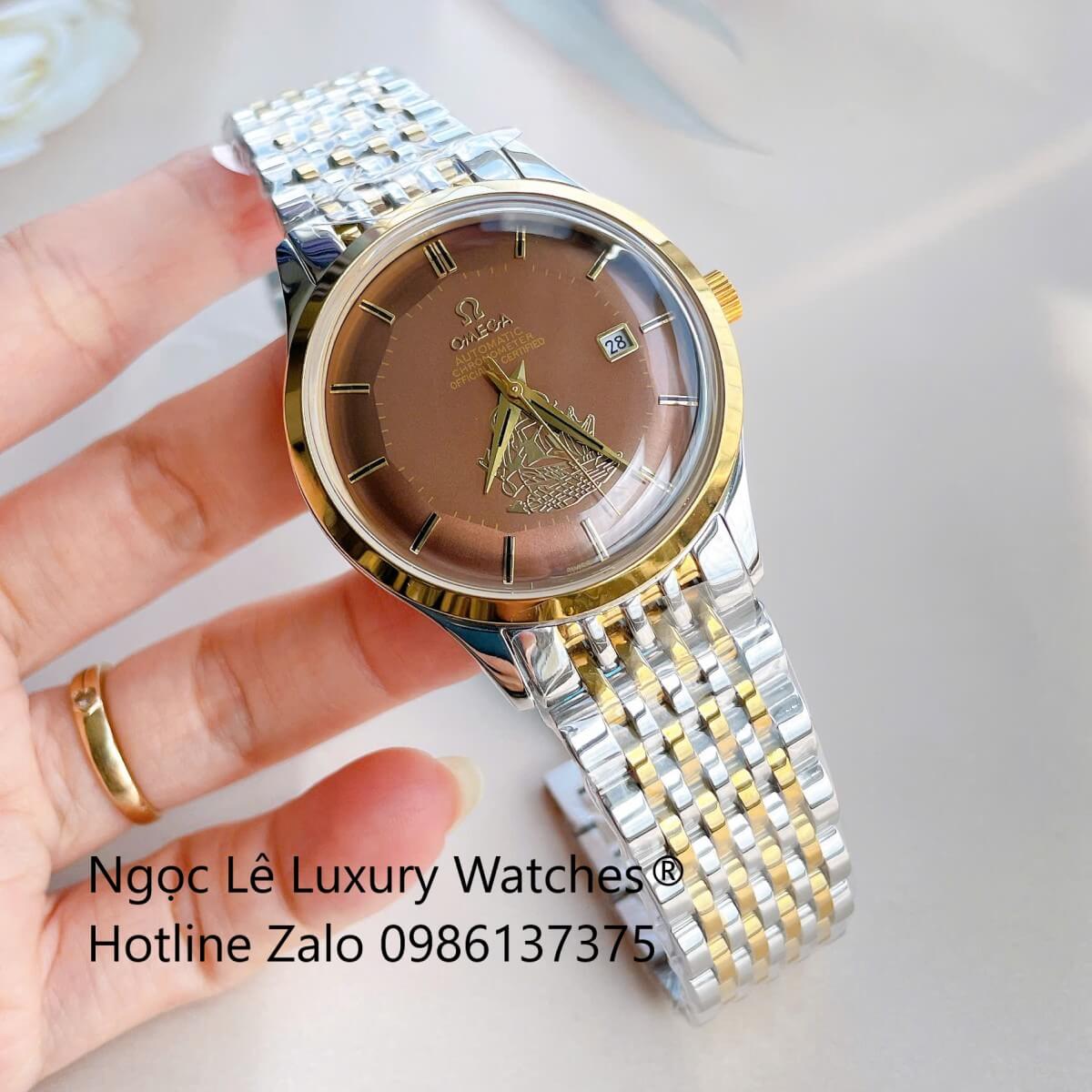Đồng Hồ Omega Nam Máy Cơ Tự Động Mặt Thuyền Buồm Dây Kim Loại Demi Vàng Mặt Nâu Size 40mm