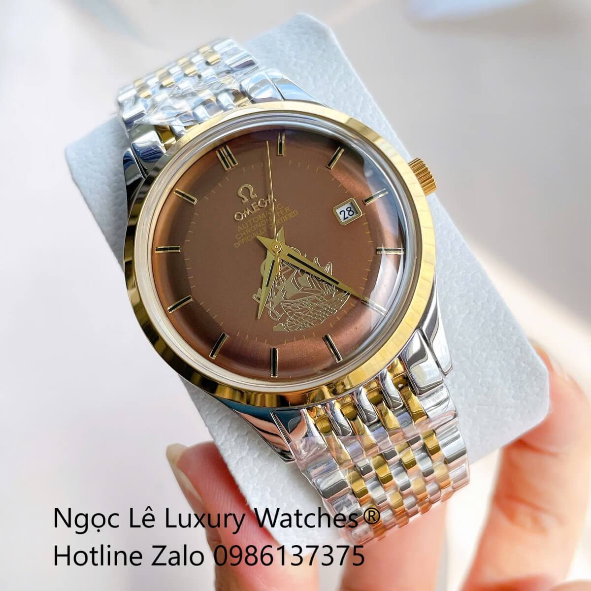 Đồng Hồ Omega Nam Máy Cơ Tự Động Mặt Thuyền Buồm Dây Kim Loại Demi Vàng Mặt Nâu Size 40mm