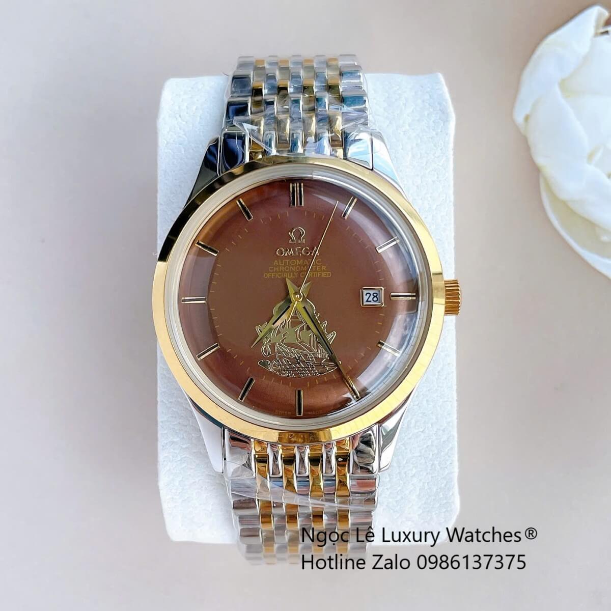 Đồng Hồ Omega Nam Máy Cơ Tự Động Mặt Thuyền Buồm Dây Kim Loại Demi Vàng Mặt Nâu Size 40mm