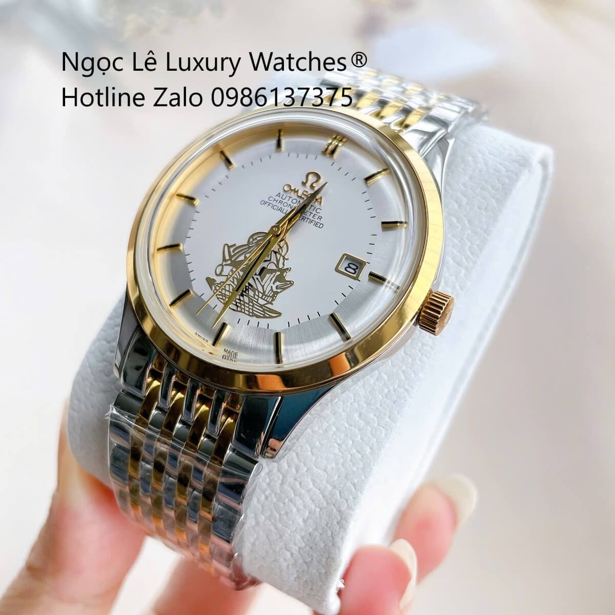 Đồng Hồ Omega Nam Máy Cơ Tự Động Mặt Thuyền Buồm Dây Kim Loại Demi Vàng Mặt Trắng Size 40mm