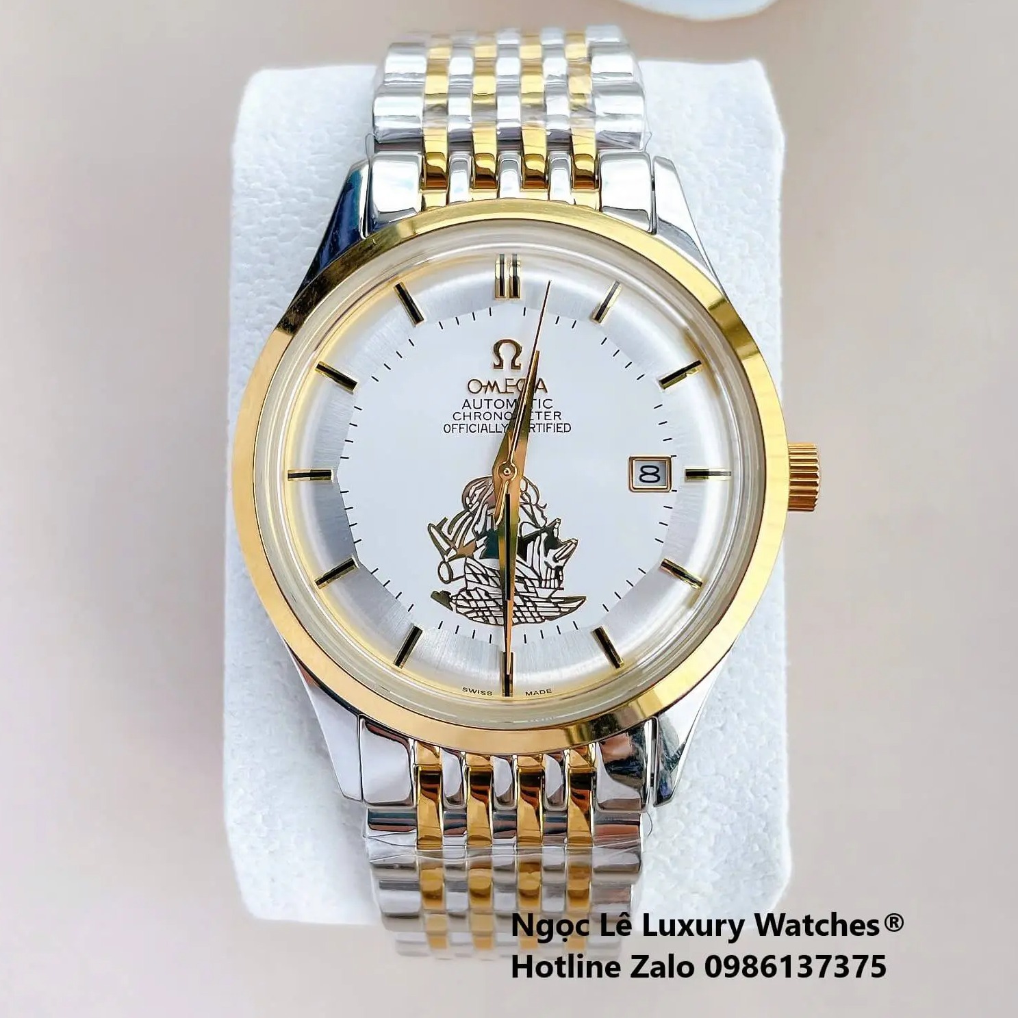 Đồng Hồ Omega Nam Máy Cơ Tự Động Mặt Thuyền Buồm Dây Kim Loại Demi Vàng Mặt Trắng Size 40mm