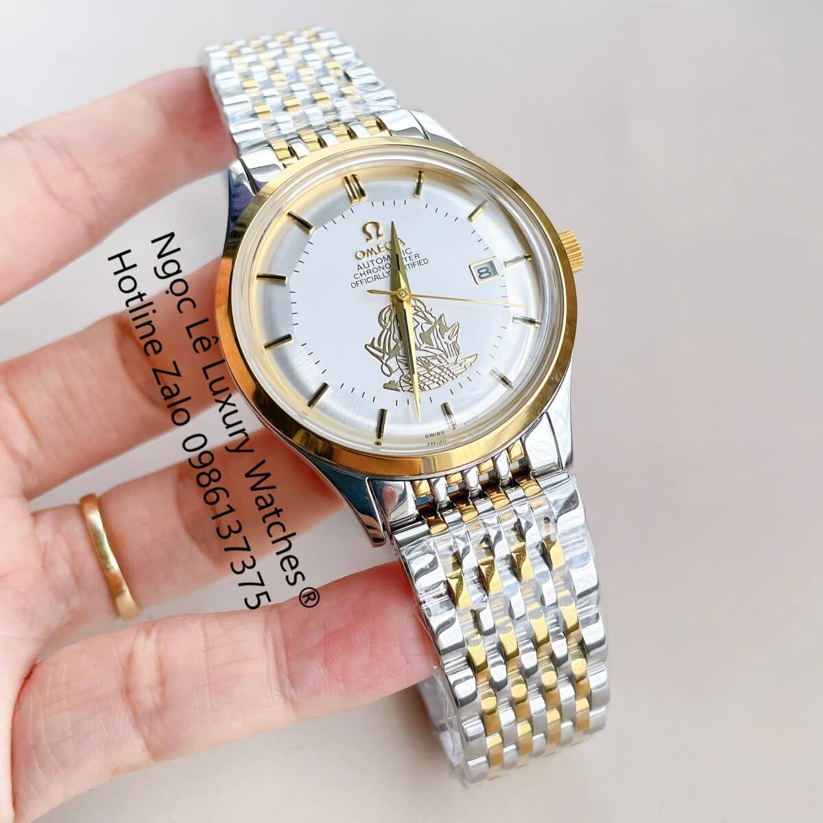 Đồng Hồ Omega Nam Máy Cơ Tự Động Mặt Thuyền Buồm Dây Kim Loại Demi Vàng Mặt Trắng Size 40mm
