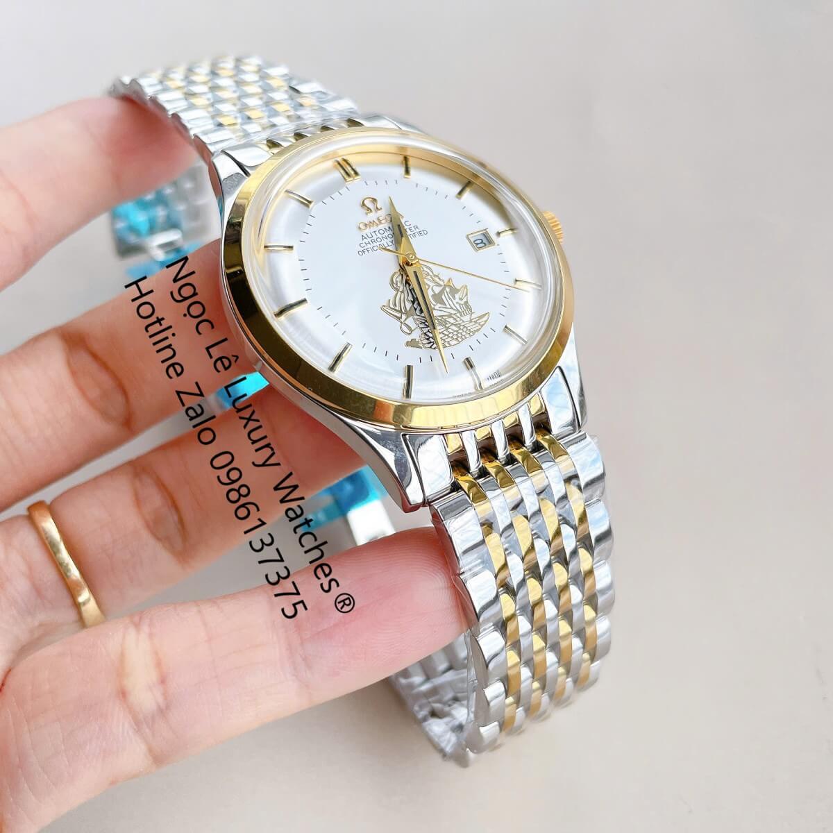 Đồng Hồ Omega Nam Máy Cơ Tự Động Mặt Thuyền Buồm Dây Kim Loại Demi Vàng Mặt Trắng Size 40mm