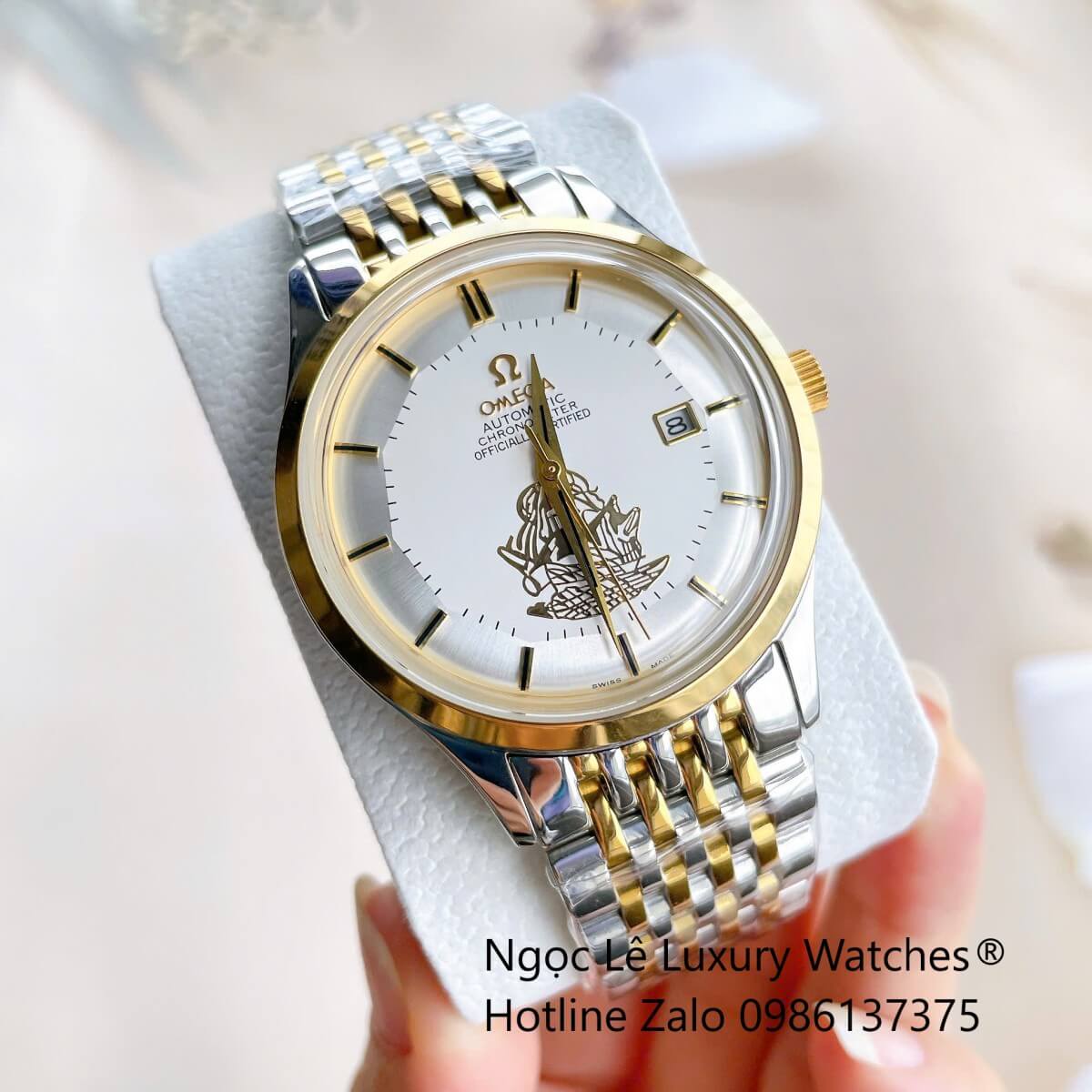 Đồng Hồ Omega Nam Máy Cơ Tự Động Mặt Thuyền Buồm Dây Kim Loại Demi Vàng Mặt Trắng Size 40mm