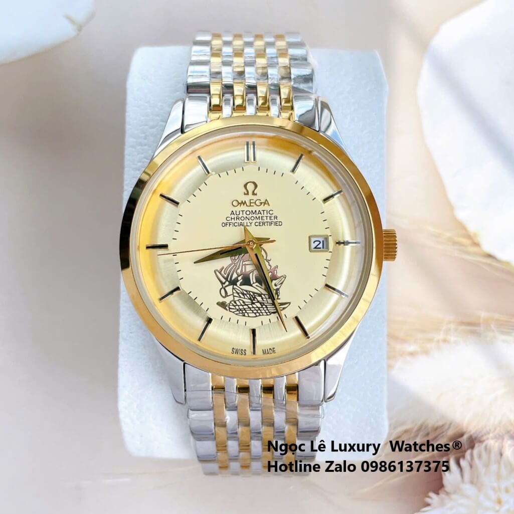 Đồng Hồ Omega Nam Máy Cơ Tự Động Mặt Thuyền Buồm Dây Demi Vàng Mặt Vàng Size 40mm