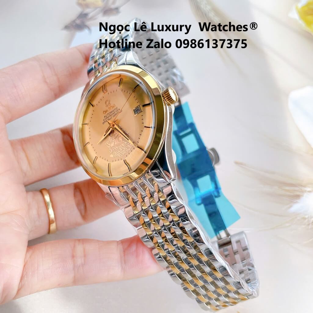 Đồng Hồ Omega Nam Máy Cơ Tự Động Mặt Thuyền Buồm Dây Demi Vàng Mặt Vàng Size 40mm