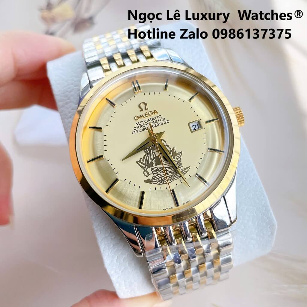 Đồng Hồ Omega Nam Máy Cơ Tự Động Mặt Thuyền Buồm Dây Demi Vàng Mặt Vàng Size 40mm