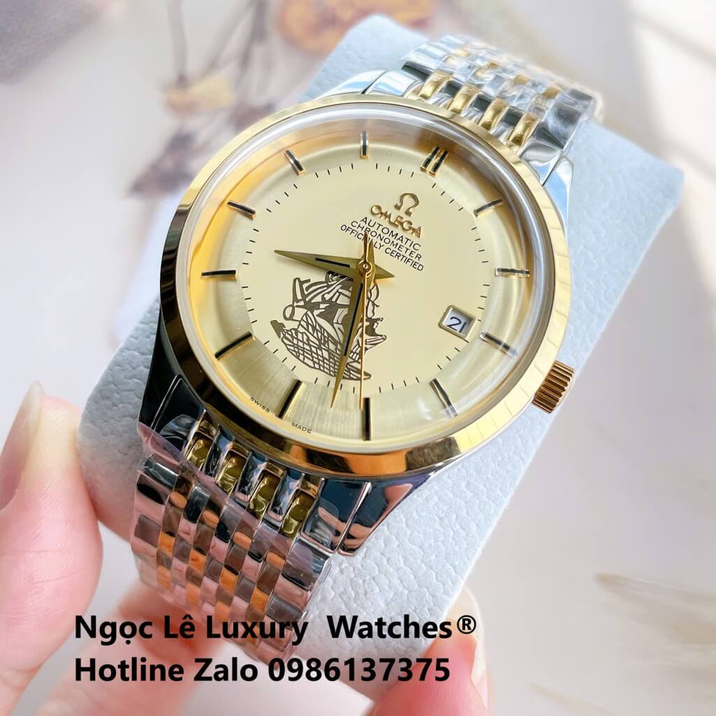 Đồng Hồ Omega Nam Máy Cơ Tự Động Mặt Thuyền Buồm Dây Demi Vàng Mặt Vàng Size 40mm