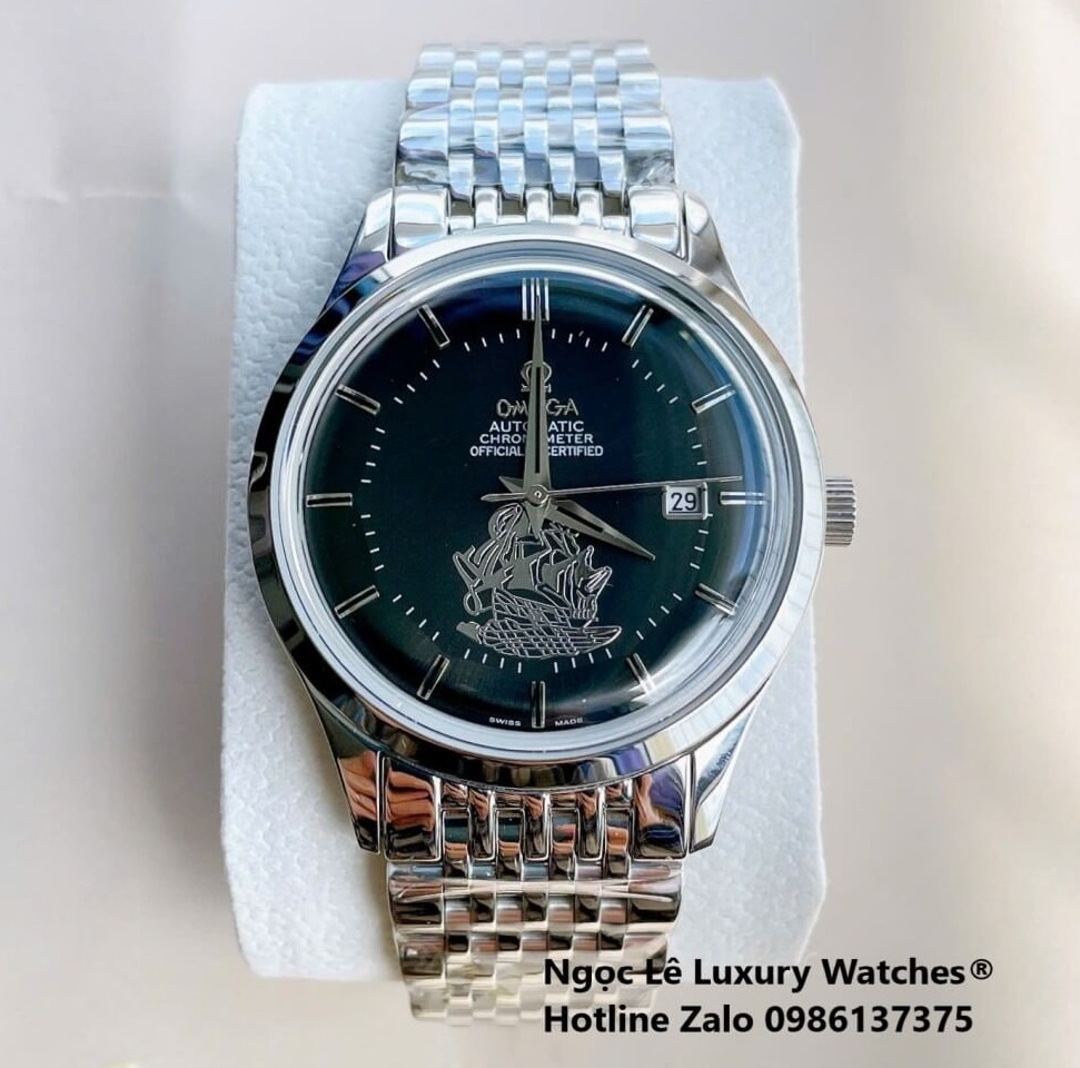 Đồng Hồ Omega Nam Máy Cơ Tự Động Mặt Thuyền Buồm Dây Kim Loại Bạc Mặt Đen Size 40mm