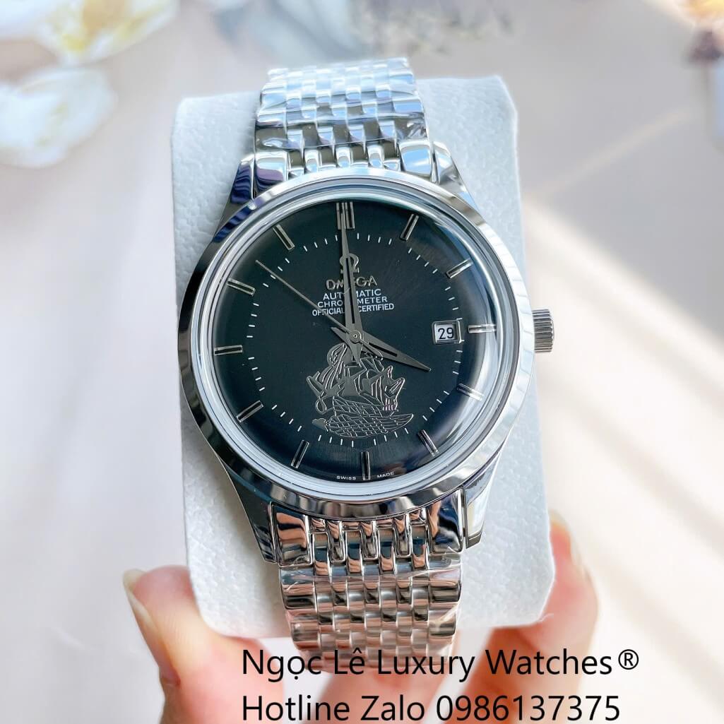 Đồng Hồ Omega Nam Máy Cơ Tự Động Mặt Thuyền Buồm Dây Kim Loại Bạc Mặt Đen Size 40mm