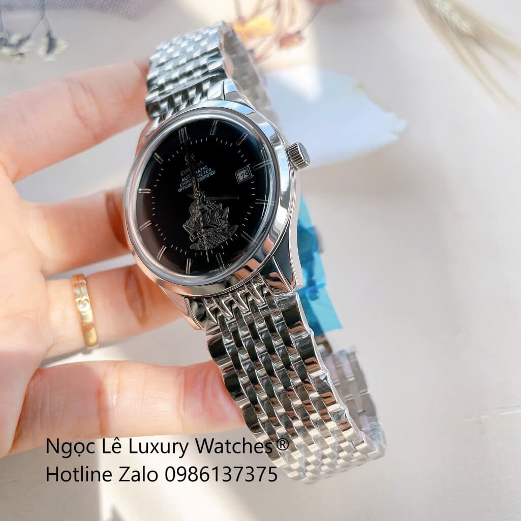 Đồng Hồ Omega Nam Máy Cơ Tự Động Mặt Thuyền Buồm Dây Kim Loại Bạc Mặt Đen Size 40mm