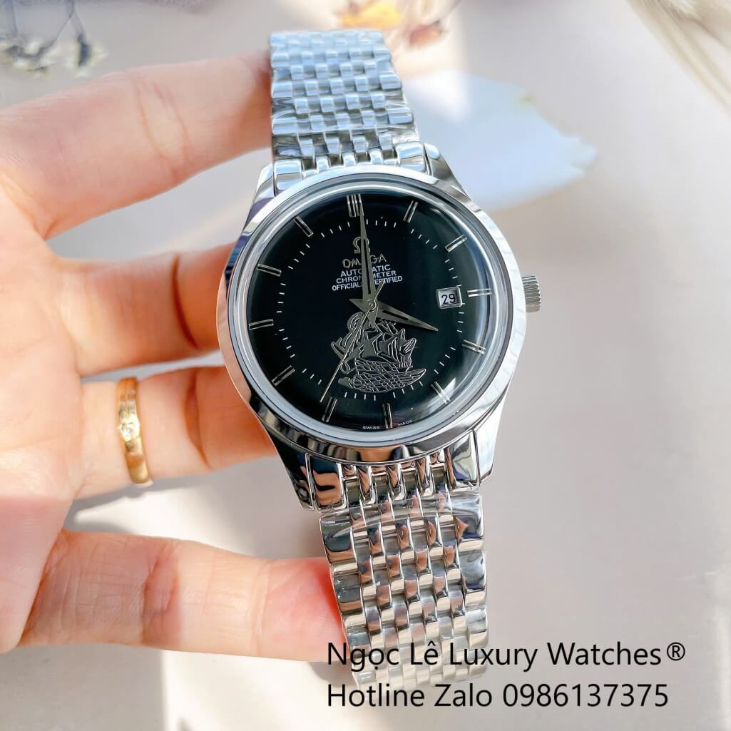 Đồng Hồ Omega Nam Máy Cơ Tự Động Mặt Thuyền Buồm Dây Kim Loại Bạc Mặt Đen Size 40mm