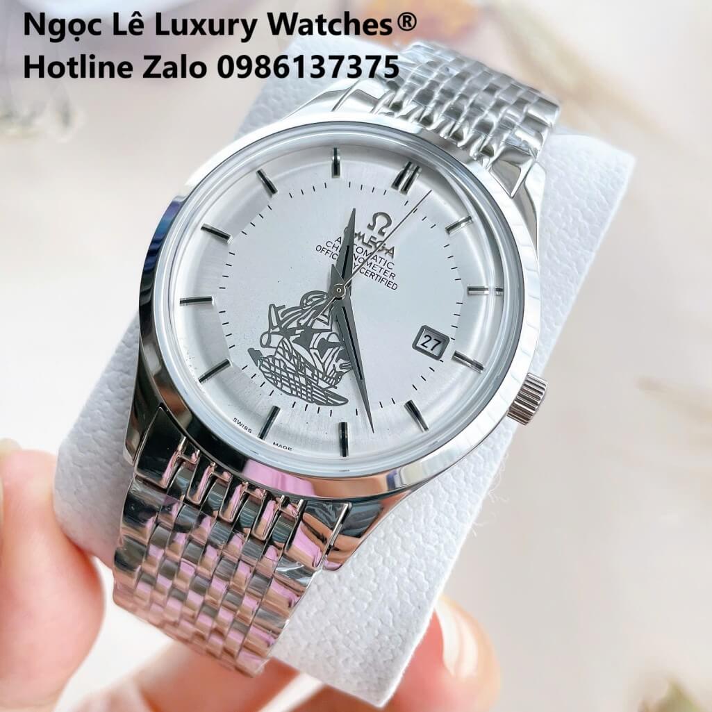 Đồng Hồ Omega Nam Máy Cơ Tự Động Mặt Thuyền Buồm Dây Kim Loại Bạc Mặt Trắng Size 40mm