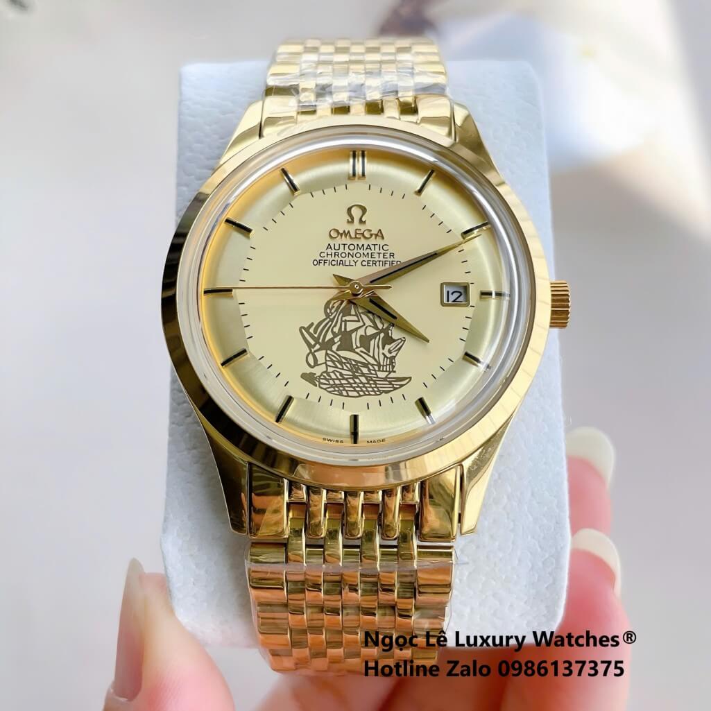 Đồng Hồ Omega Nam Máy Cơ Tự Động Mặt Thuyền Buồm Dây Kim Loại Màu Vàng Size 40mm
