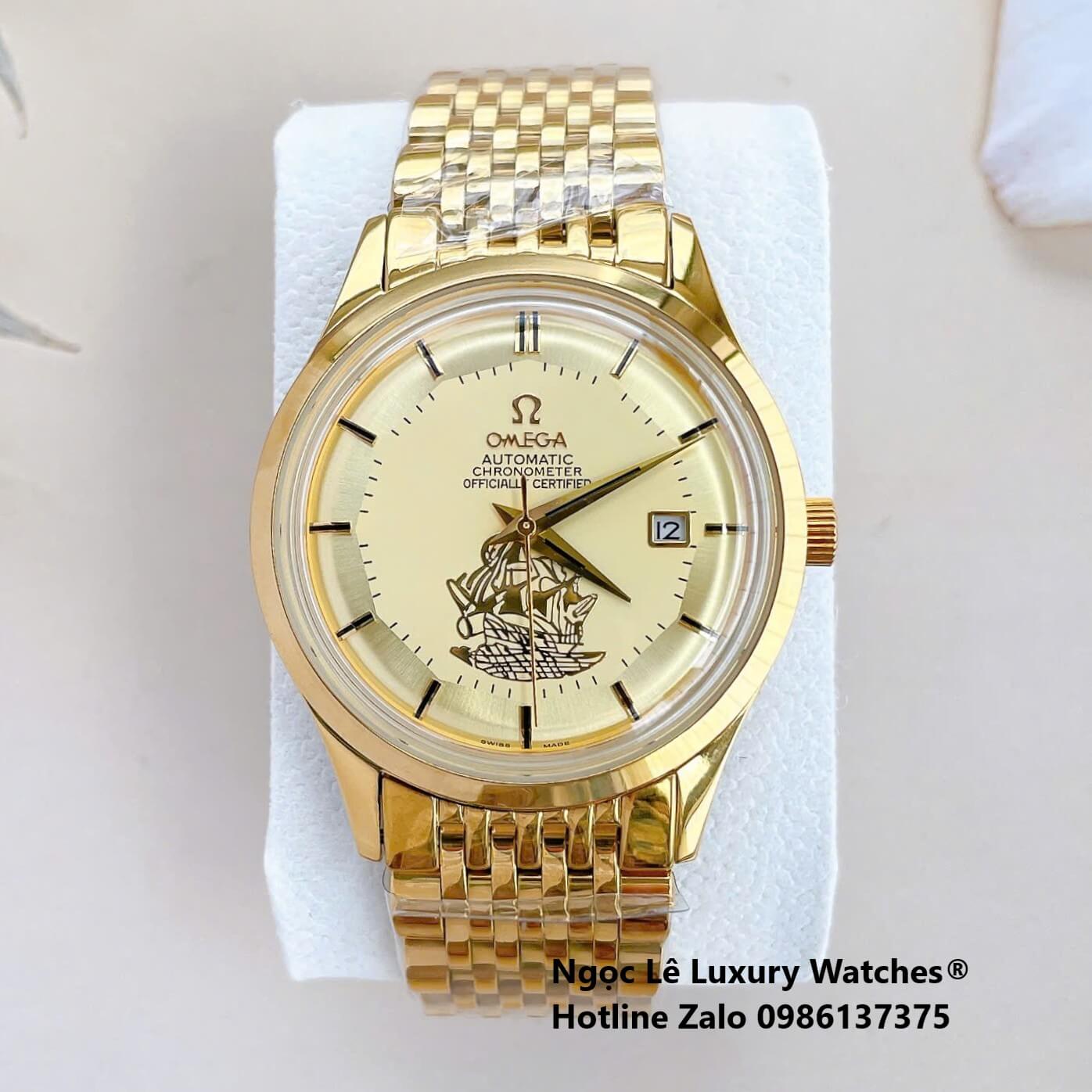 Đồng Hồ Omega Nam Máy Cơ Tự Động Mặt Thuyền Buồm Dây Kim Loại Màu Vàng Size 40mm