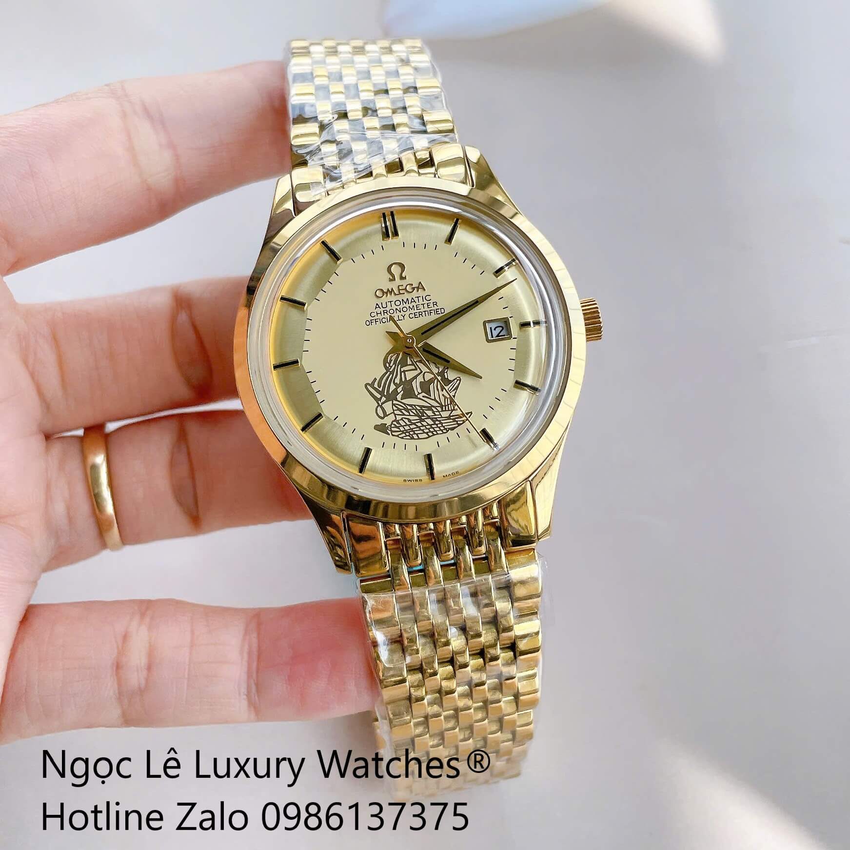Đồng Hồ Omega Nam Máy Cơ Tự Động Mặt Thuyền Buồm Dây Kim Loại Màu Vàng Size 40mm