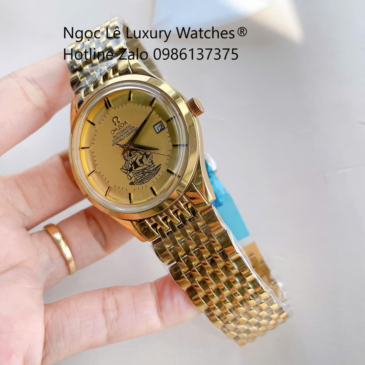 Đồng Hồ Omega Nam Máy Cơ Tự Động Mặt Thuyền Buồm Dây Kim Loại Màu Vàng Size 40mm