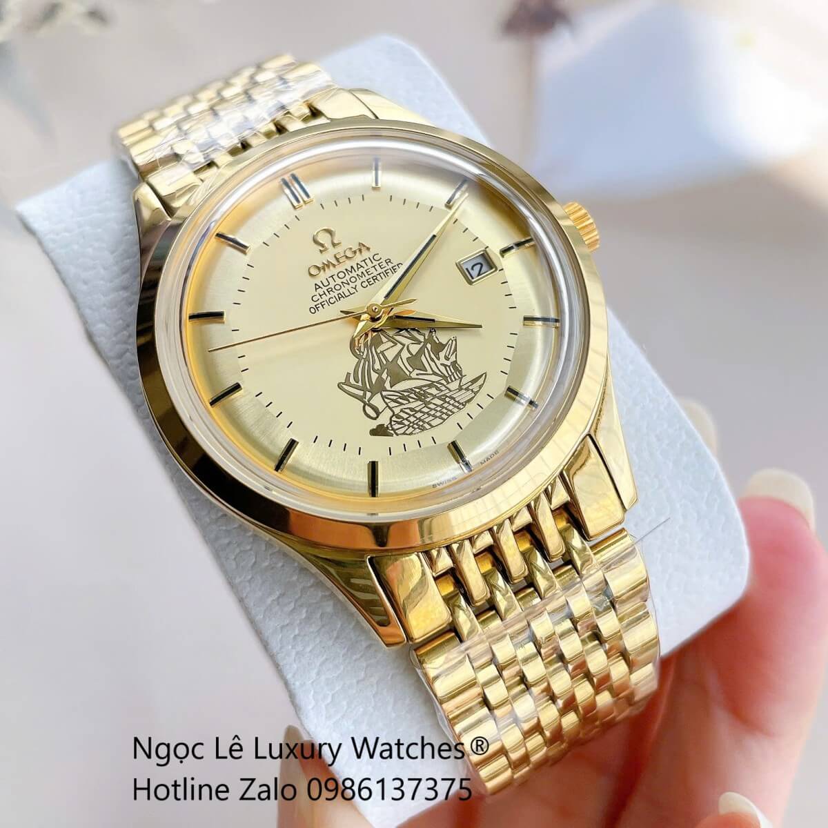 Đồng Hồ Omega Nam Máy Cơ Tự Động Mặt Thuyền Buồm Dây Kim Loại Màu Vàng Size 40mm