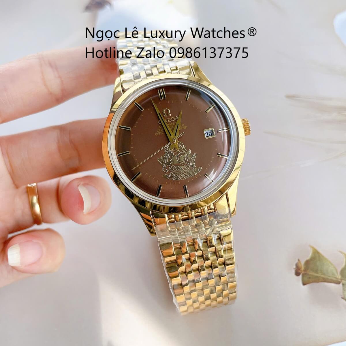 Đồng Hồ Omega Nam Máy Cơ Tự Động Mặt Thuyền Buồm Dây Vàng Mặt Nâu Size 40mm