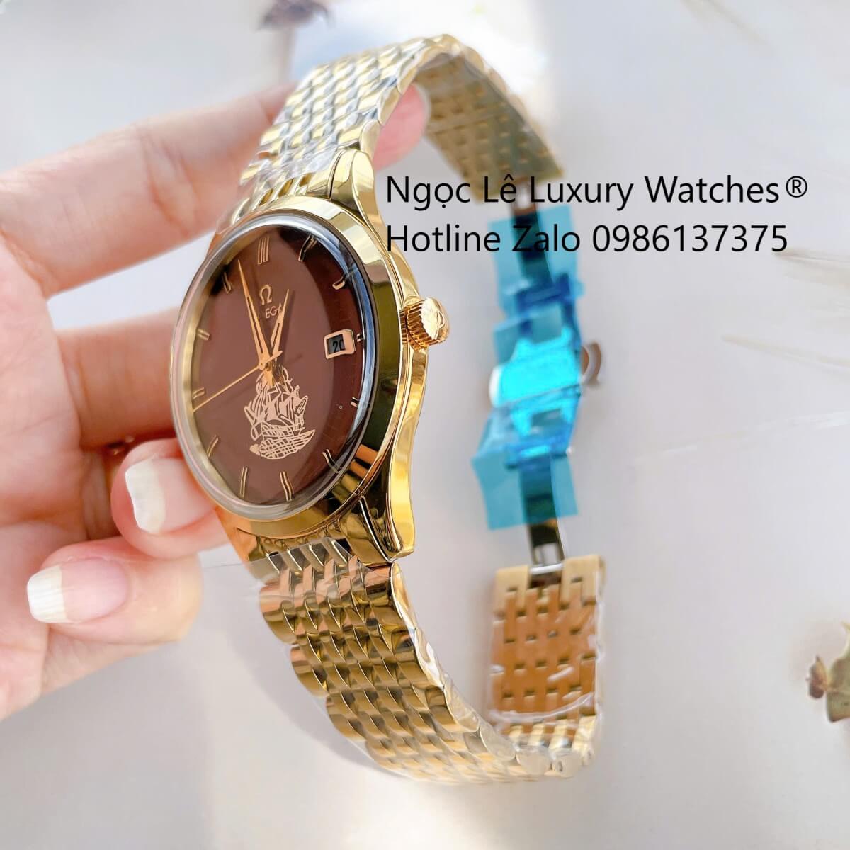 Đồng Hồ Omega Nam Máy Cơ Tự Động Mặt Thuyền Buồm Dây Vàng Mặt Nâu Size 40mm