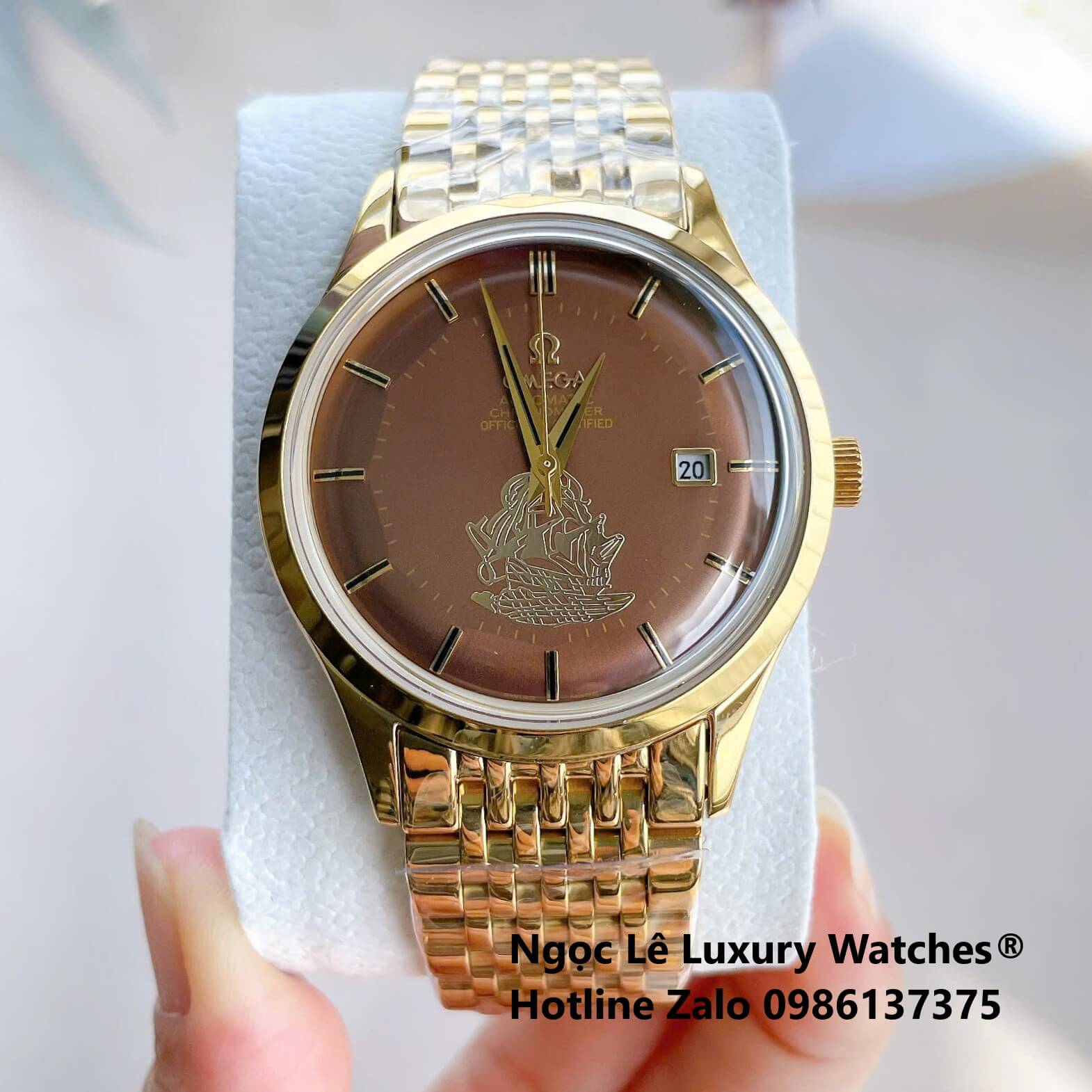 Đồng Hồ Omega Nam Máy Cơ Tự Động Mặt Thuyền Buồm Dây Vàng Mặt Nâu Size 40mm