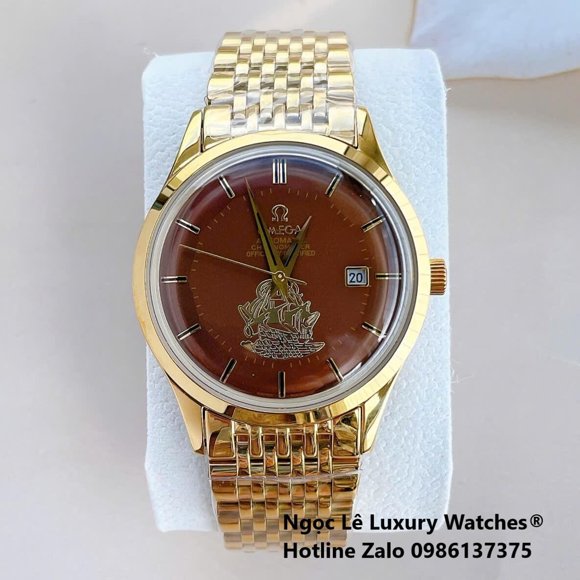 Đồng Hồ Omega Nam Máy Cơ Tự Động Mặt Thuyền Buồm Dây Vàng Mặt Nâu Size 40mm