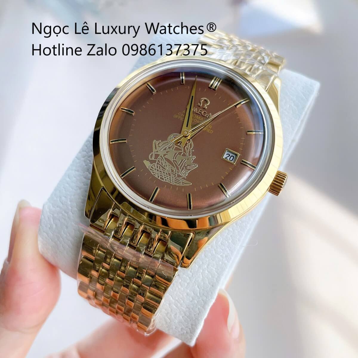 Đồng Hồ Omega Nam Máy Cơ Tự Động Mặt Thuyền Buồm Dây Vàng Mặt Nâu Size 40mm