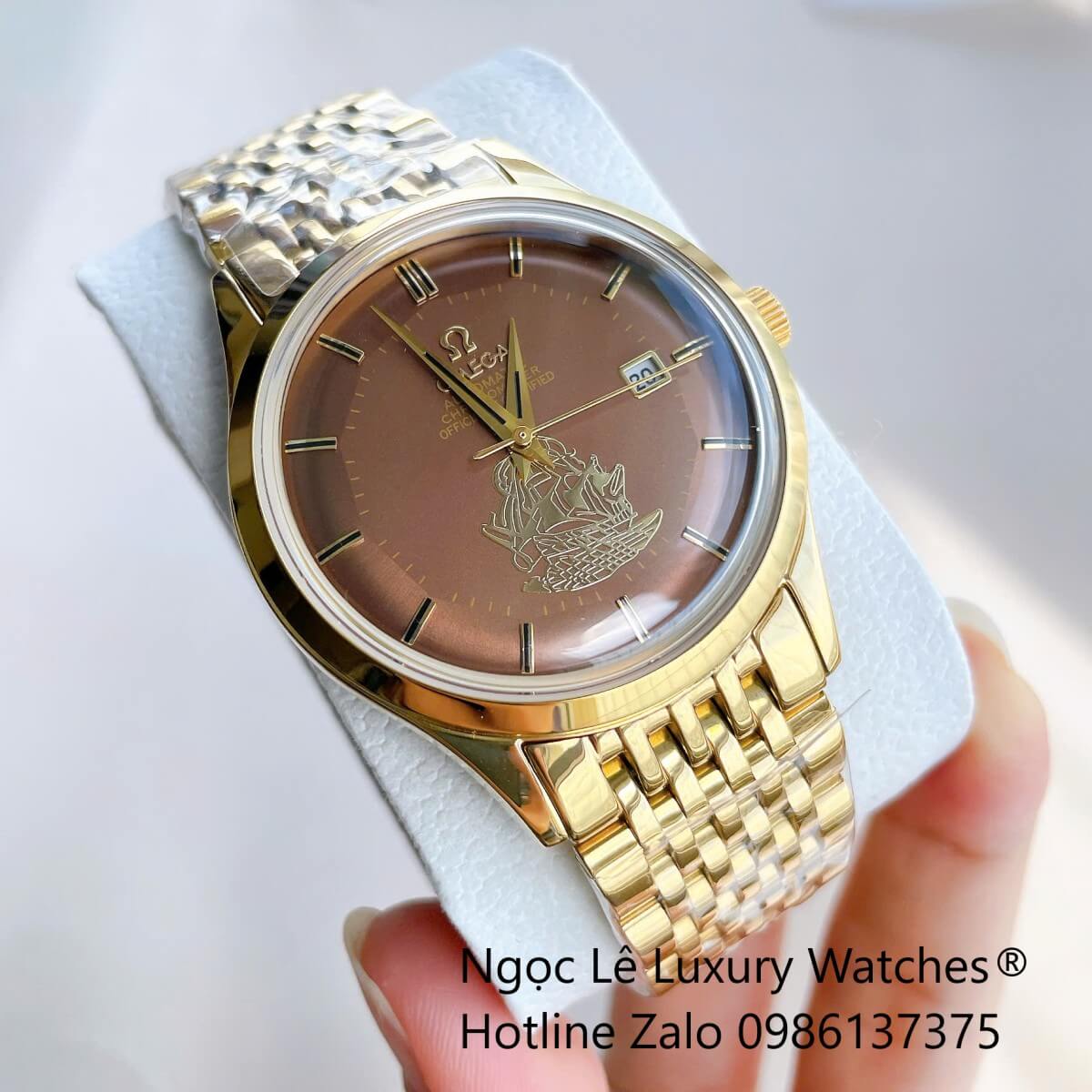 Đồng Hồ Omega Nam Máy Cơ Tự Động Mặt Thuyền Buồm Dây Vàng Mặt Nâu Size 40mm