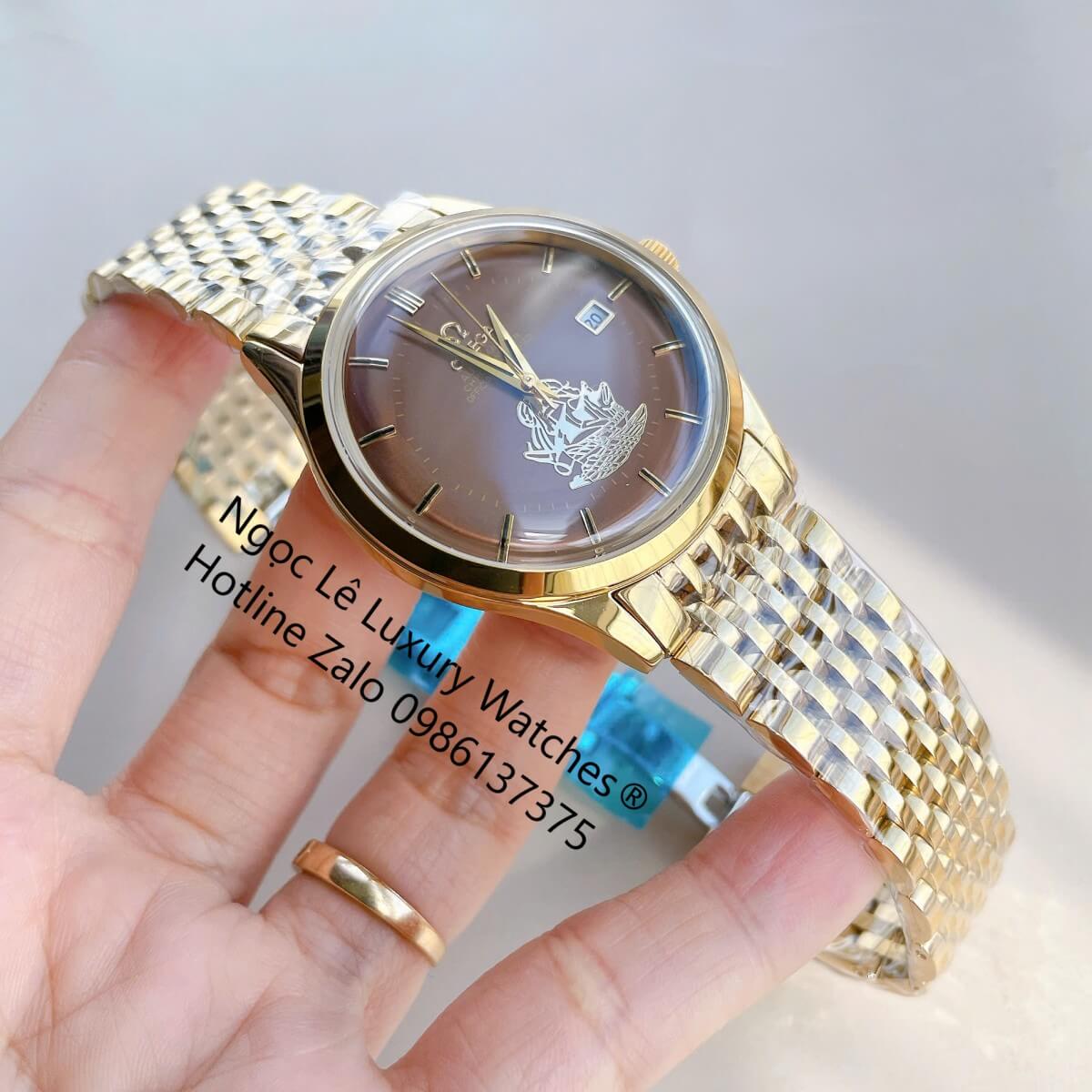 Đồng Hồ Omega Nam Máy Cơ Tự Động Mặt Thuyền Buồm Dây Vàng Mặt Nâu Size 40mm