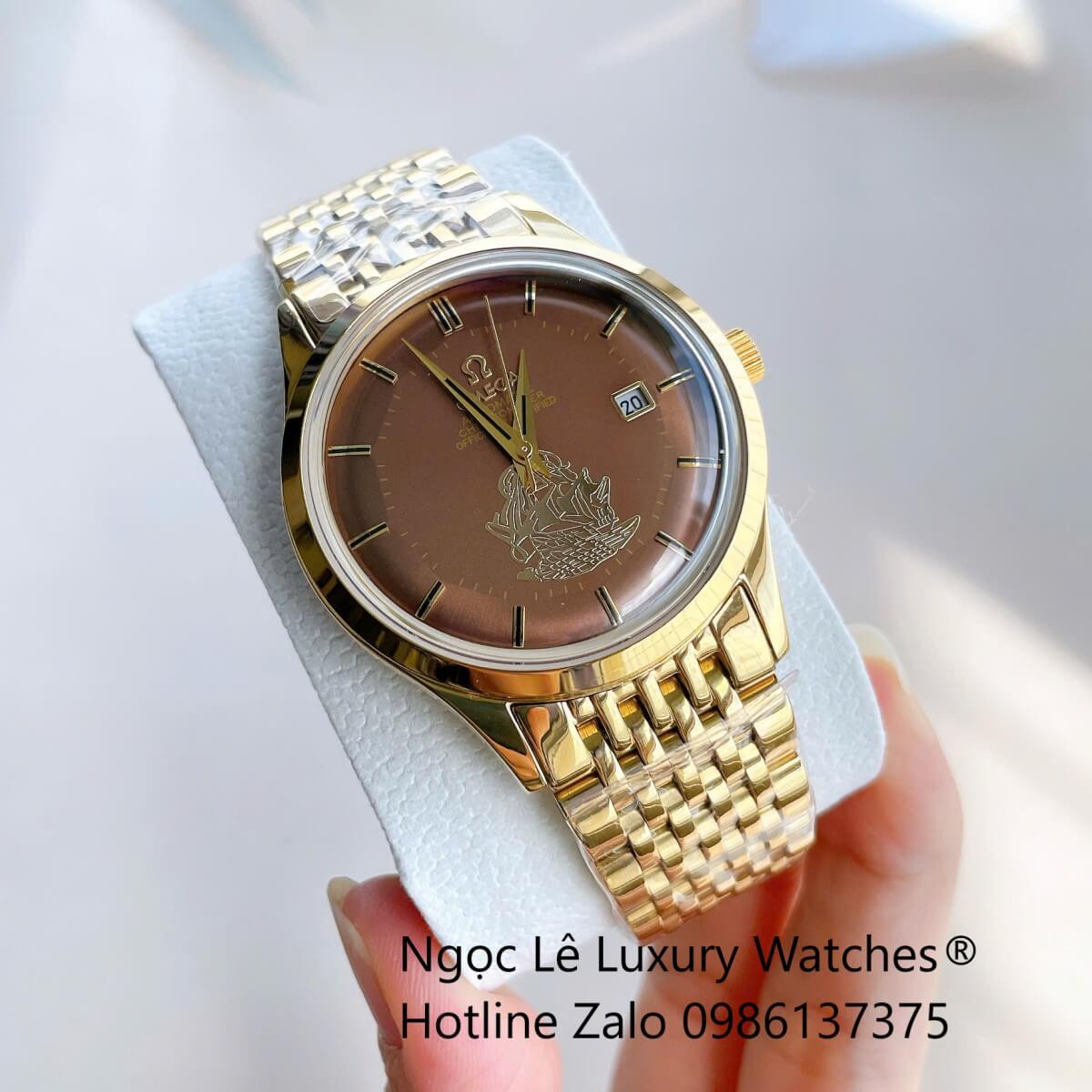 Đồng Hồ Omega Nam Máy Cơ Tự Động Mặt Thuyền Buồm Dây Vàng Mặt Nâu Size 40mm